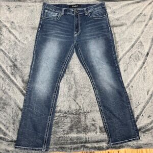 True Luck Mens Straight Leg Jeans 36x32 Blue Contrast Thick Stitch Embroidered X